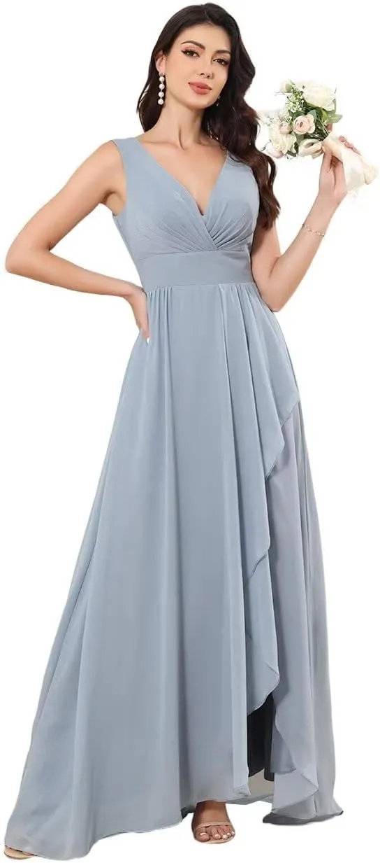 Women's Chiffon Bridesmaid Dresses Double V Neck Sleeveless Wedding Guest Dress Slit Formal Evening Dress