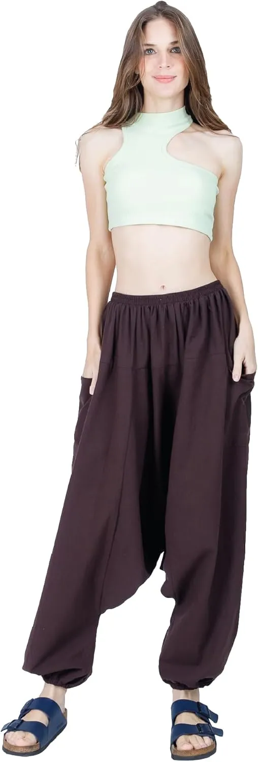 Women's Cotton Harem Pants with Pockets - Casual Elastic Waist Boho Pants, Soft Comfortable Travel & Daily Wear