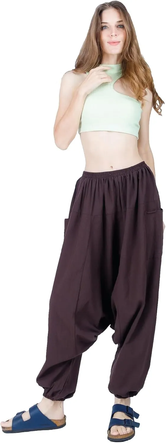 Women's Cotton Harem Pants with Pockets - Casual Elastic Waist Boho Pants, Soft Comfortable Travel & Daily Wear