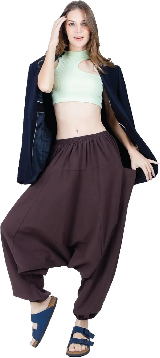 Women's Cotton Harem Pants with Pockets - Casual Elastic Waist Boho Pants, Soft Comfortable Travel & Daily Wear