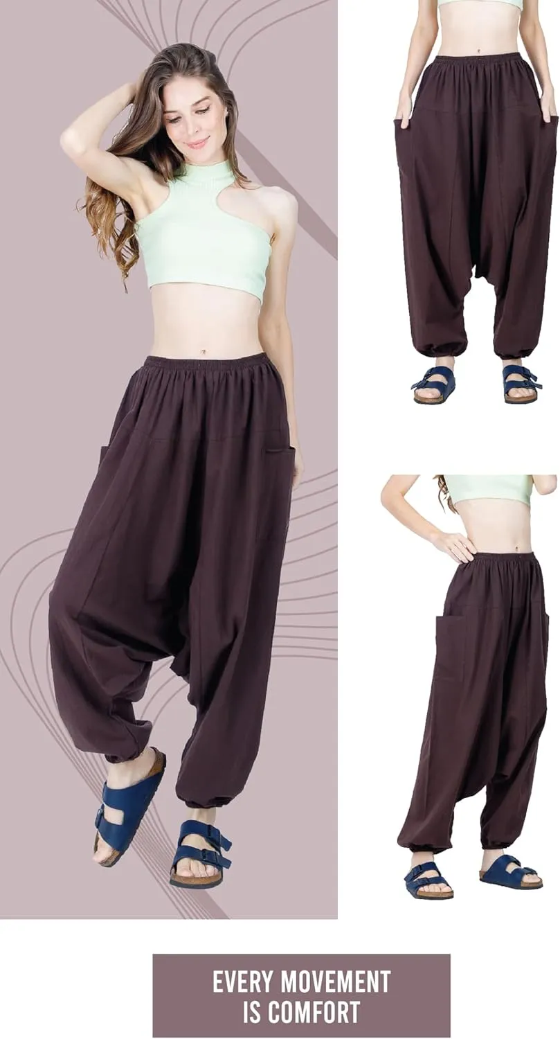 Women's Cotton Harem Pants with Pockets - Casual Elastic Waist Boho Pants, Soft Comfortable Travel & Daily Wear