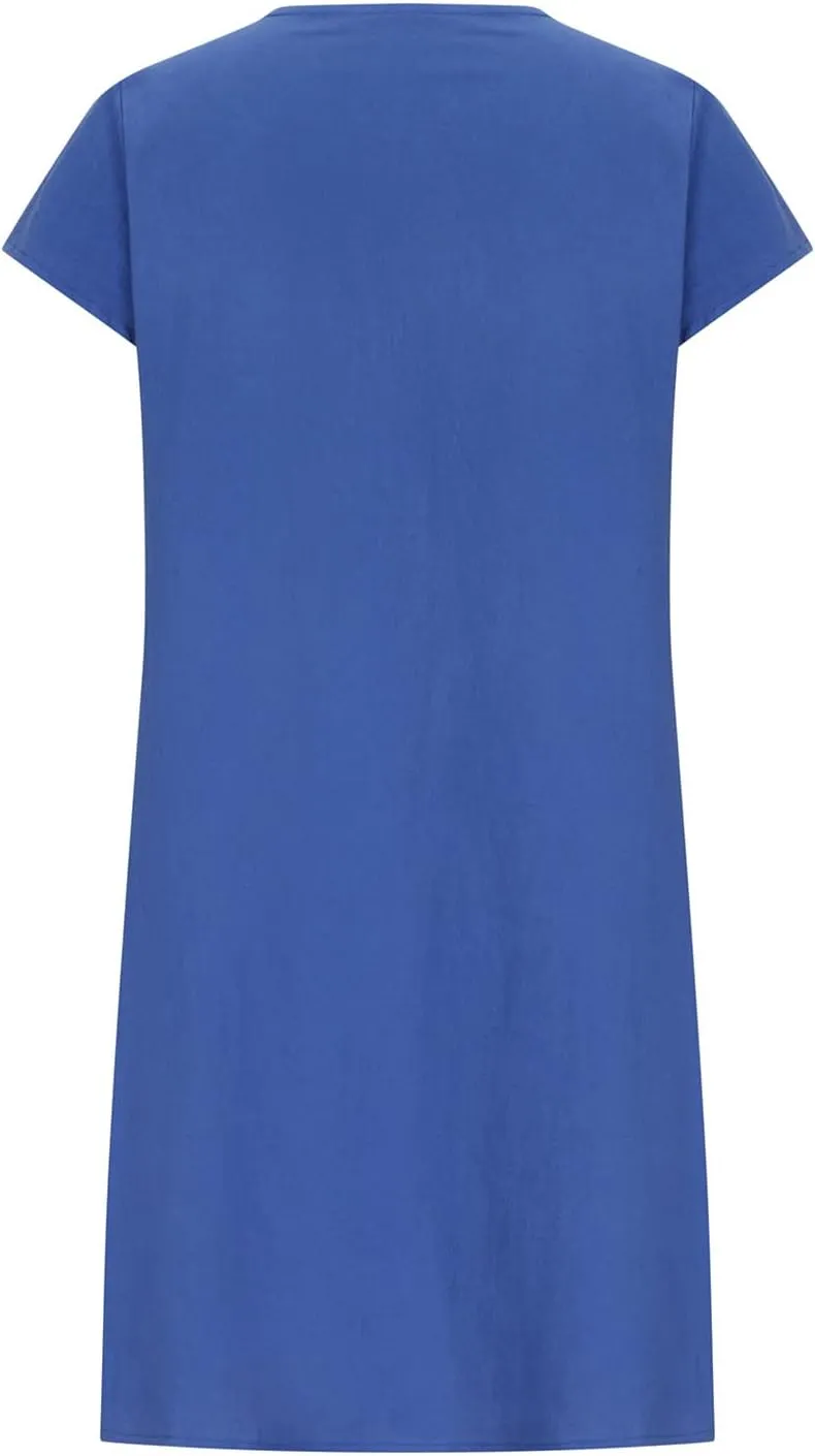 Womens Cotton Linen Dresses Short Sleeve Crew Neck Shift Dress Loose Ruched Solid Color Knee Length Beach Sundress