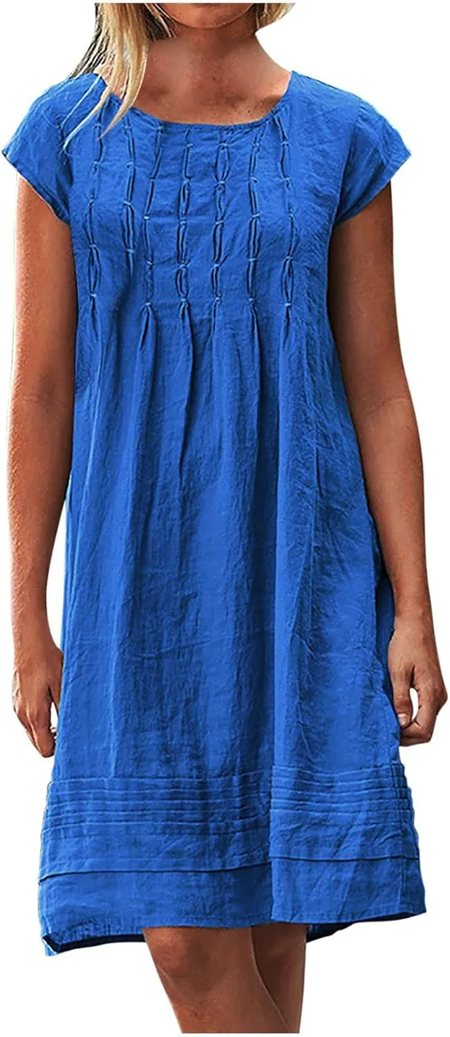 Womens Cotton Linen Dresses Short Sleeve Crew Neck Shift Dress Loose Ruched Solid Color Knee Length Beach Sundress