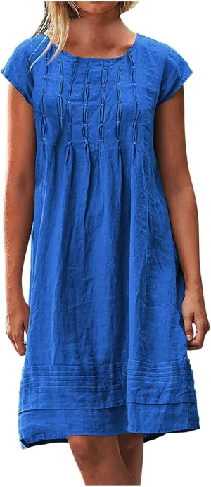Womens Cotton Linen Dresses Short Sleeve Crew Neck Shift Dress Loose Ruched Solid Color Knee Length Beach Sundress