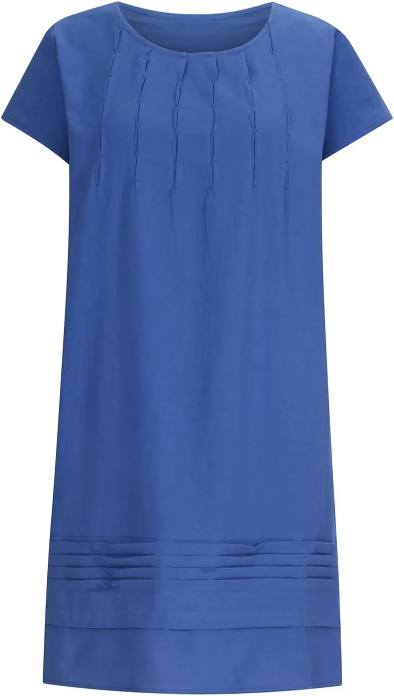 Womens Cotton Linen Dresses Short Sleeve Crew Neck Shift Dress Loose Ruched Solid Color Knee Length Beach Sundress