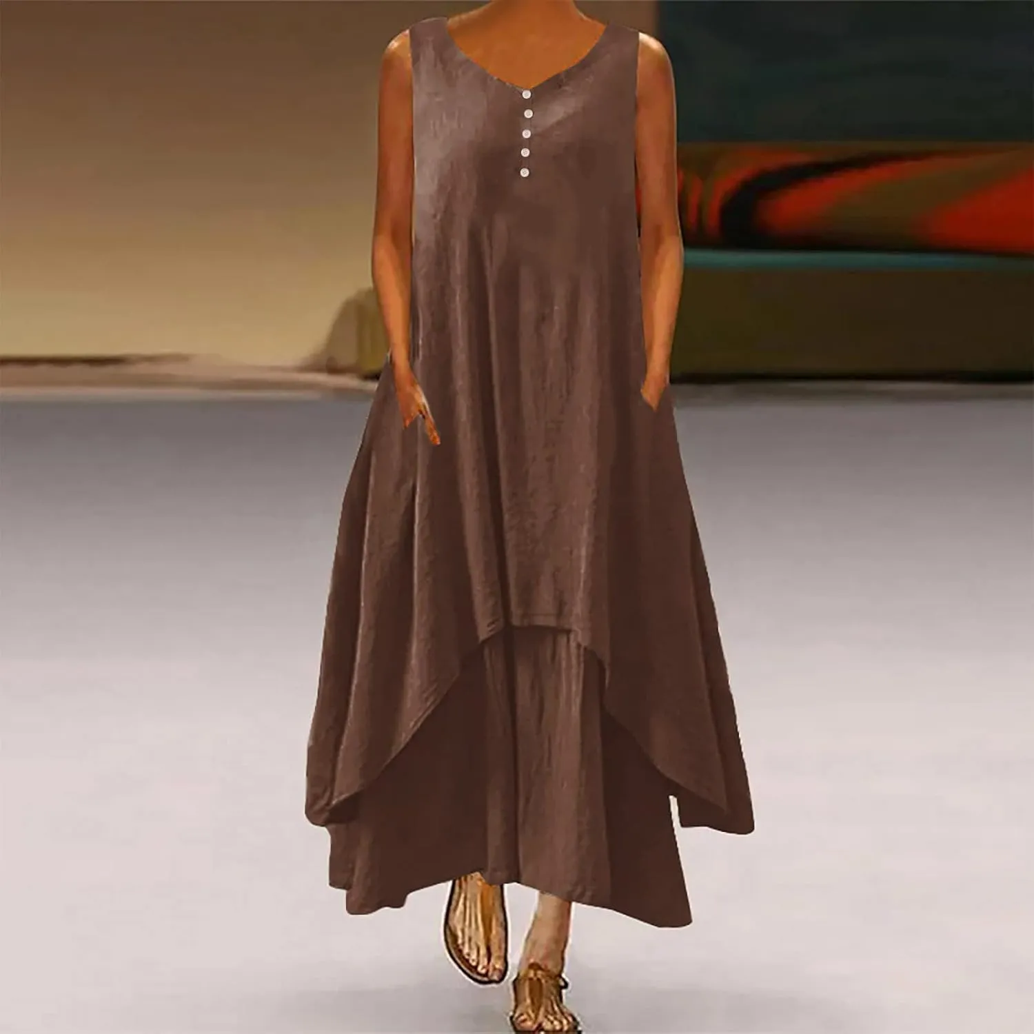 Womens Cotton Linen Midi Dresses Sleeveless Simple Solid Color Sundress Loose Casual Tank Dresses with Pockets