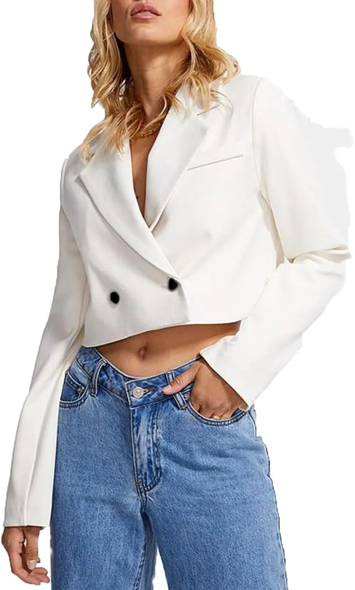 Womens Cropped Blazer Business Casual Lightweight Long Sleeve Suit Jacket Work Office Blazer for Women