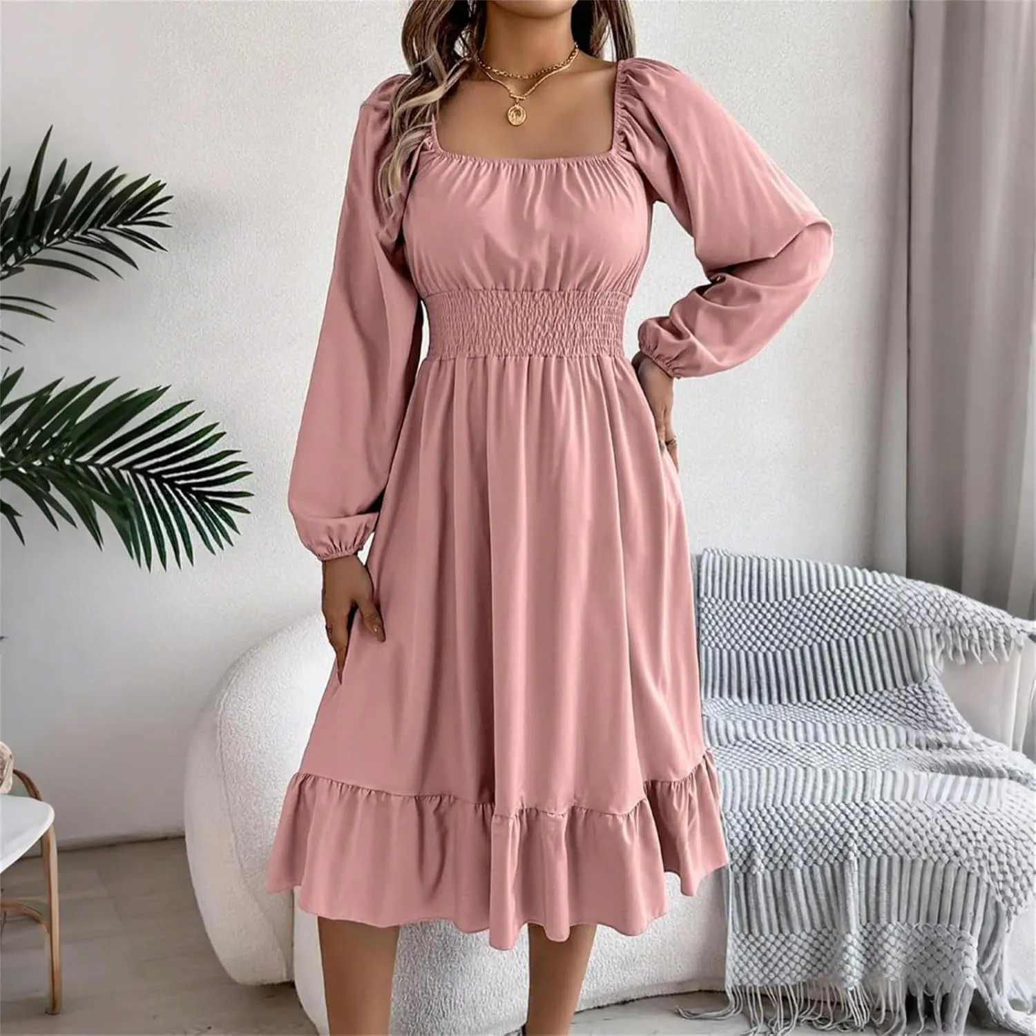 Womens Dress Long Lantern Sleeve Square Neck Elastic Waist Ruffle Flowy Swing A-Line Short Dresses 2025 Spring Fashion