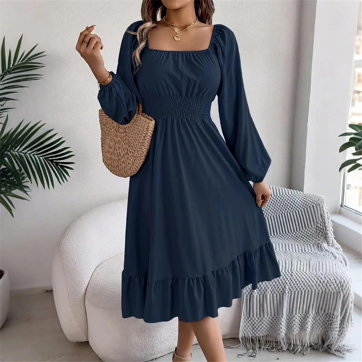 Womens Dress Long Lantern Sleeve Square Neck Elastic Waist Ruffle Flowy Swing A-Line Short Dresses 2025 Spring Fashion