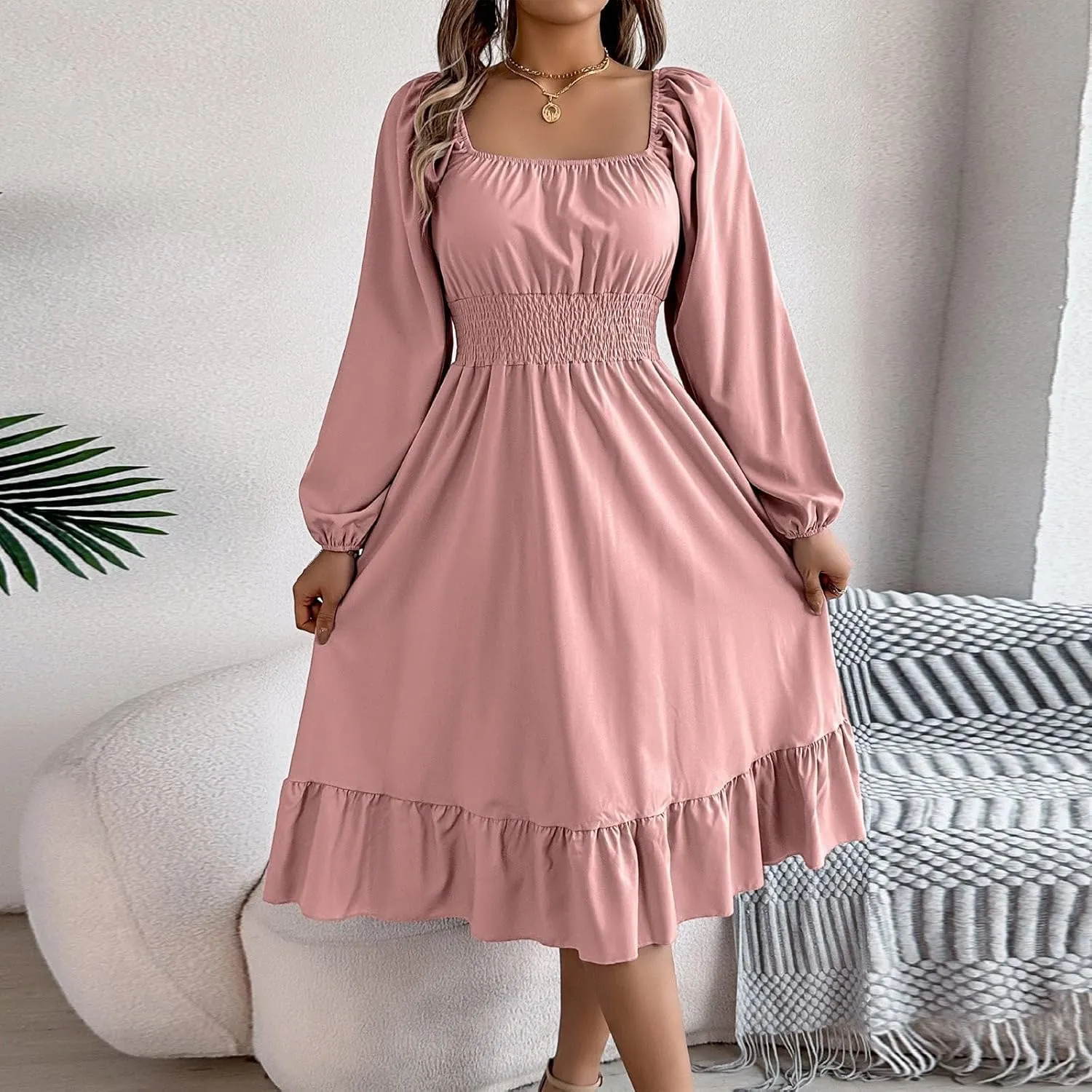 Womens Dress Long Lantern Sleeve Square Neck Elastic Waist Ruffle Flowy Swing A-Line Short Dresses 2025 Spring Fashion