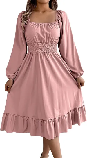 Womens Dress Long Lantern Sleeve Square Neck Elastic Waist Ruffle Flowy Swing A-Line Short Dresses 2025 Spring Fashion