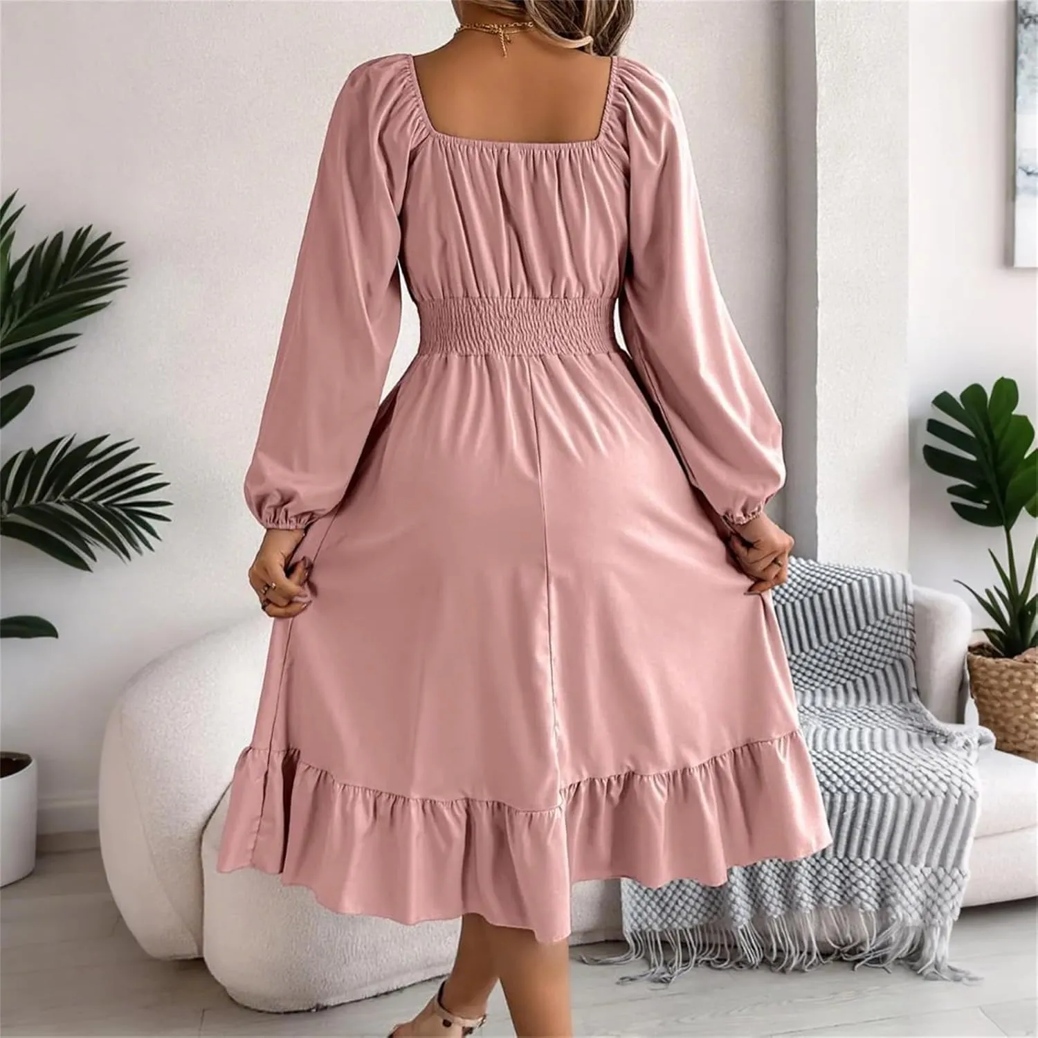 Womens Dress Long Lantern Sleeve Square Neck Elastic Waist Ruffle Flowy Swing A-Line Short Dresses 2025 Spring Fashion