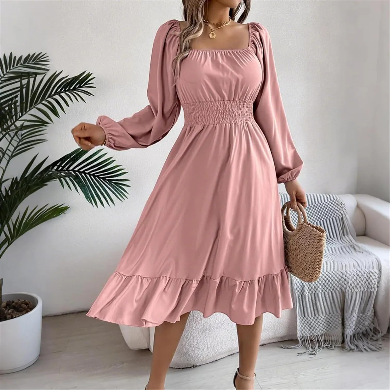Womens Dress Long Lantern Sleeve Square Neck Elastic Waist Ruffle Flowy Swing A-Line Short Dresses 2025 Spring Fashion