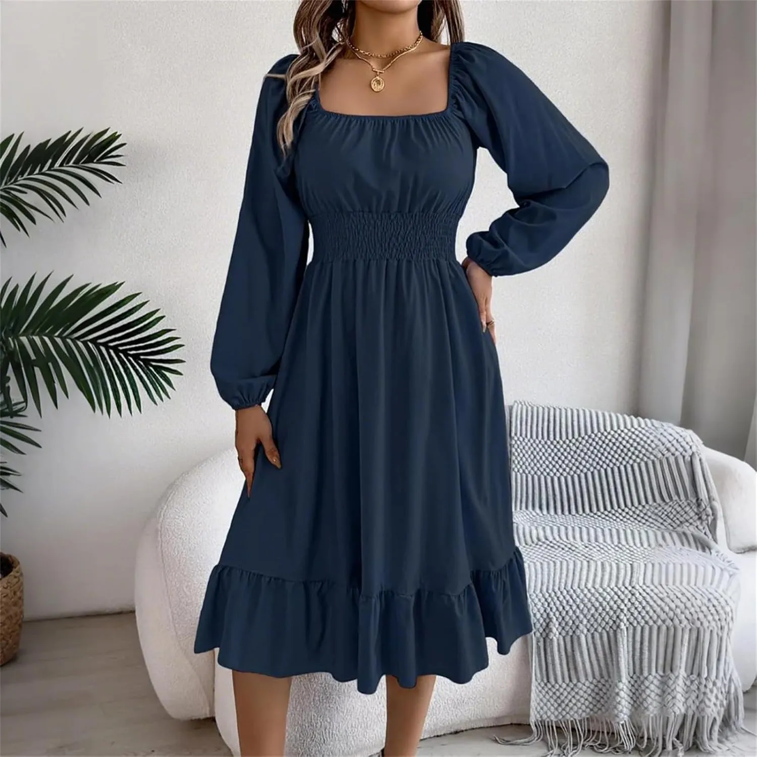 Womens Dress Long Lantern Sleeve Square Neck Elastic Waist Ruffle Flowy Swing A-Line Short Dresses 2025 Spring Fashion