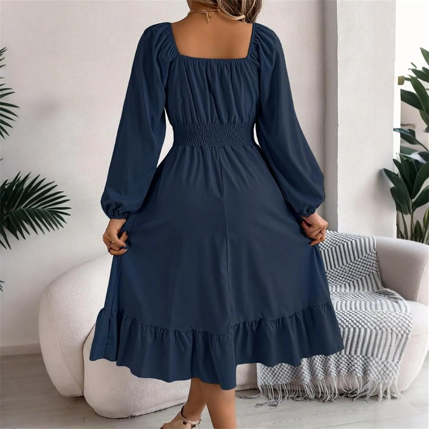 Womens Dress Long Lantern Sleeve Square Neck Elastic Waist Ruffle Flowy Swing A-Line Short Dresses 2025 Spring Fashion