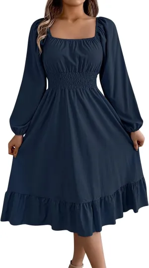 Womens Dress Long Lantern Sleeve Square Neck Elastic Waist Ruffle Flowy Swing A-Line Short Dresses 2025 Spring Fashion