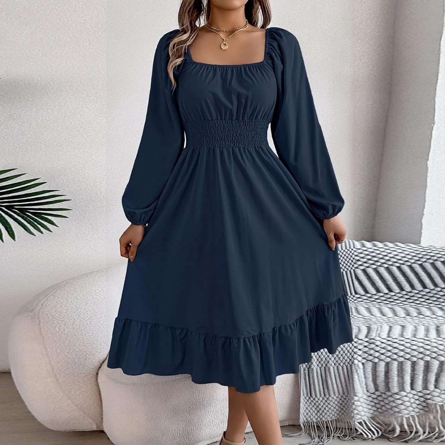 Womens Dress Long Lantern Sleeve Square Neck Elastic Waist Ruffle Flowy Swing A-Line Short Dresses 2025 Spring Fashion
