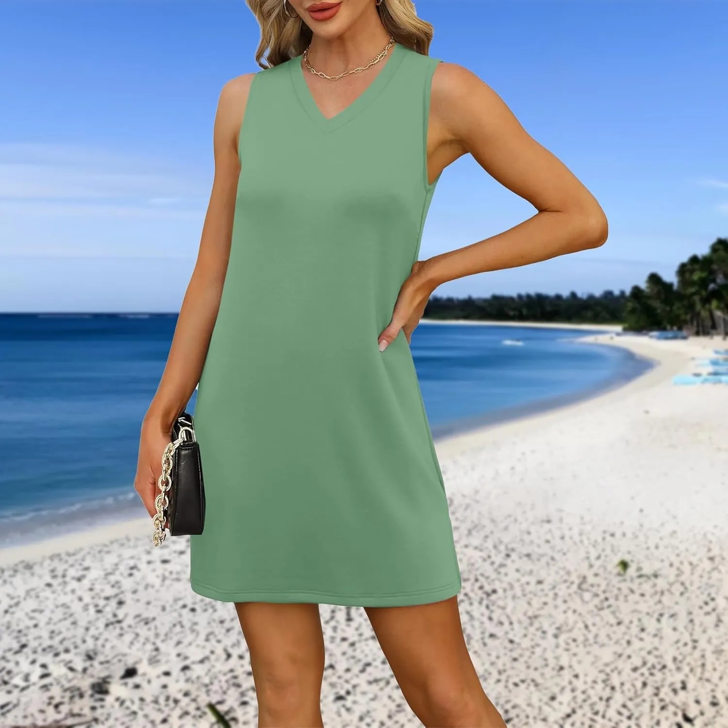 Womens Dresses Summer V Neck Sleeveless Sundresses Tank Dress 2025 Vacation Casual Beach Dress with Hem Split