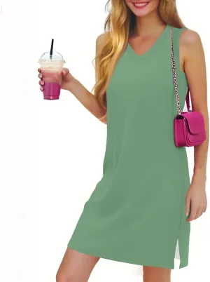 Womens Dresses Summer V Neck Sleeveless Sundresses Tank Dress 2025 Vacation Casual Beach Dress with Hem Split
