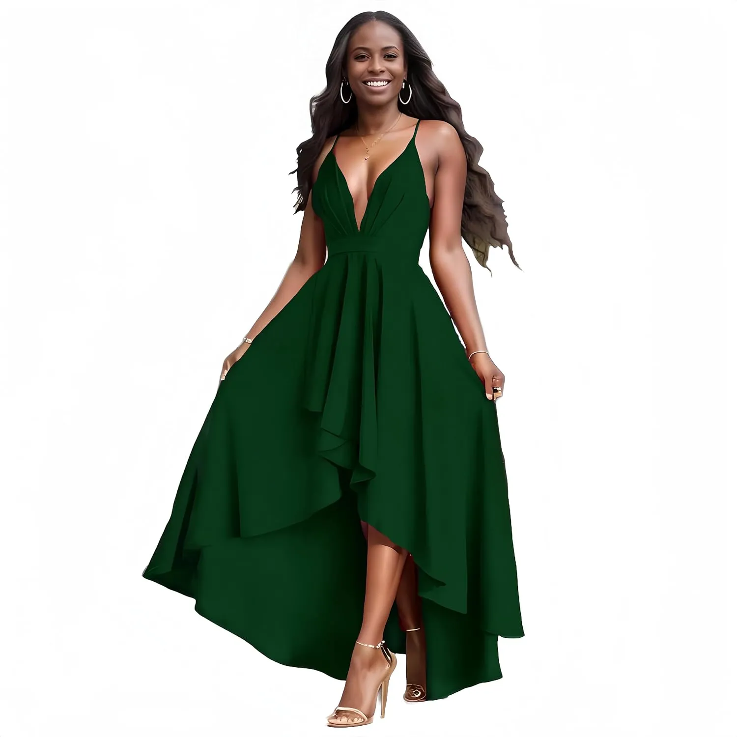Womens Evening Gowns Deep V-Neck Party Dresses Sleeveless A-line High-Low Formal Cocktail Long Evening Dress