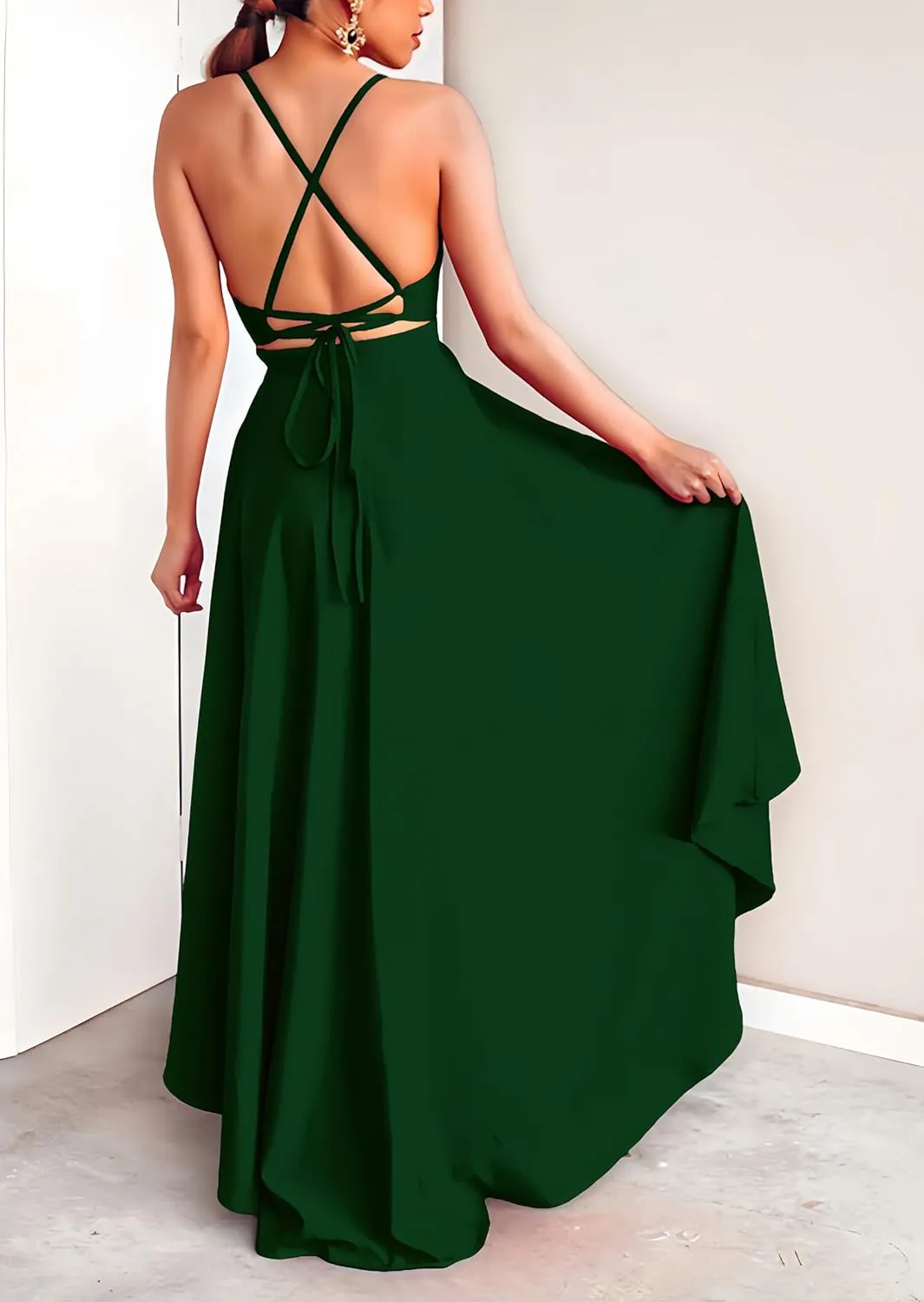 Womens Evening Gowns Deep V-Neck Party Dresses Sleeveless A-line High-Low Formal Cocktail Long Evening Dress