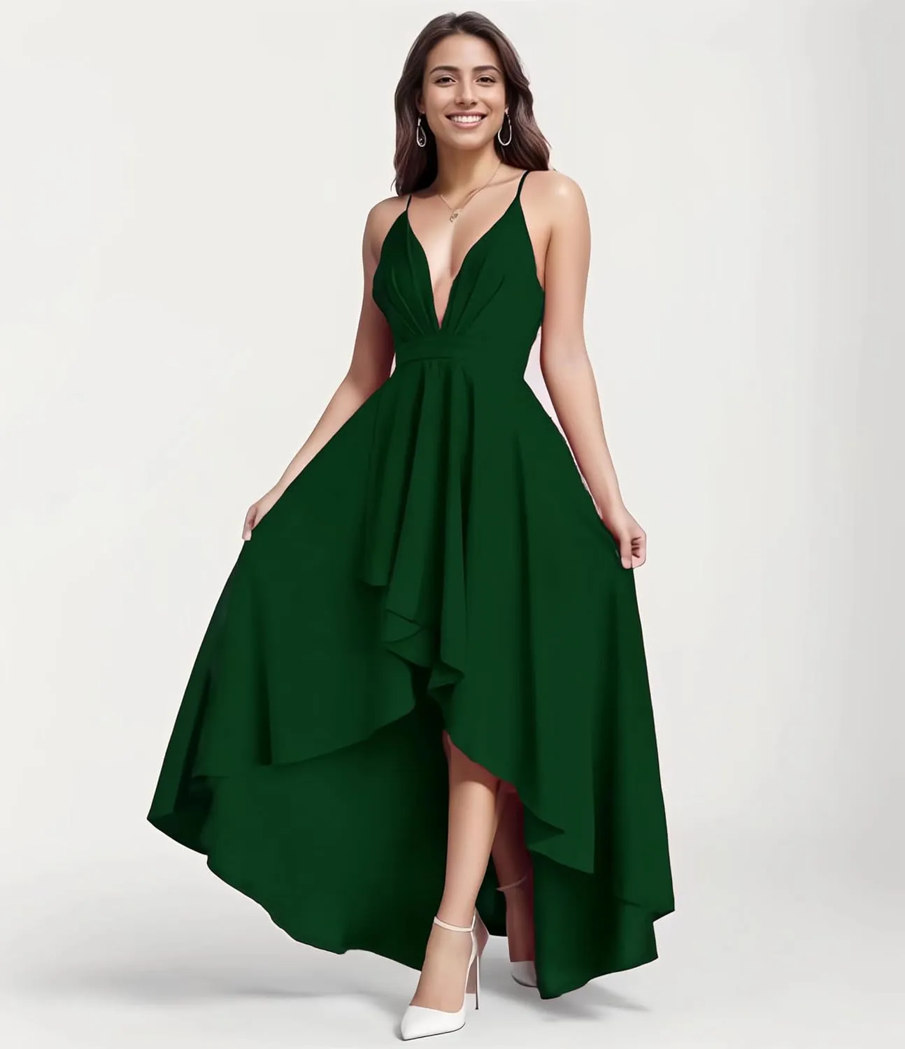 Womens Evening Gowns Deep V-Neck Party Dresses Sleeveless A-line High-Low Formal Cocktail Long Evening Dress