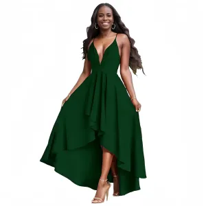 Womens Evening Gowns Deep V-Neck Party Dresses Sleeveless A-line High-Low Formal Cocktail Long Evening Dress
