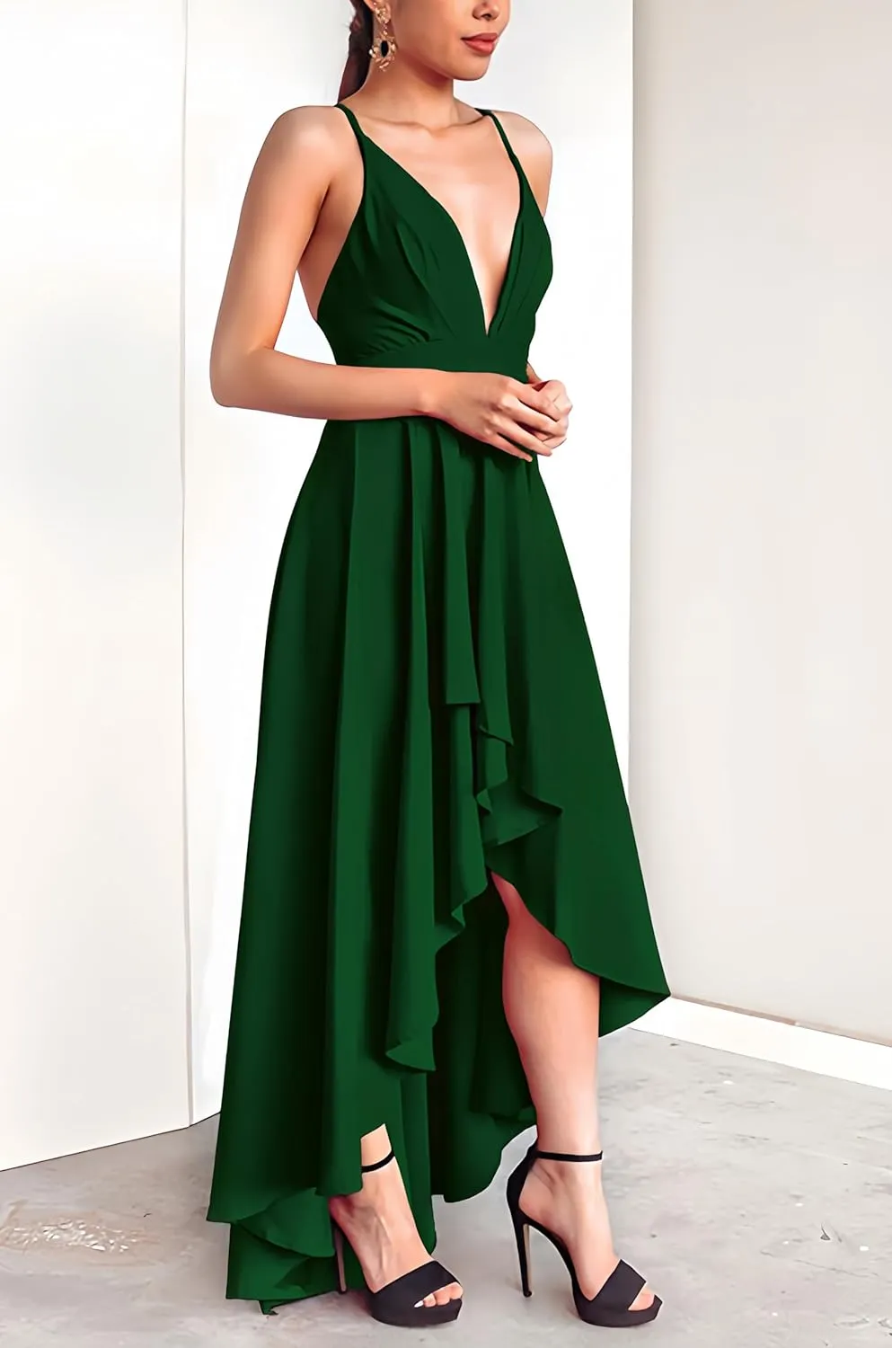 Womens Evening Gowns Deep V-Neck Party Dresses Sleeveless A-line High-Low Formal Cocktail Long Evening Dress