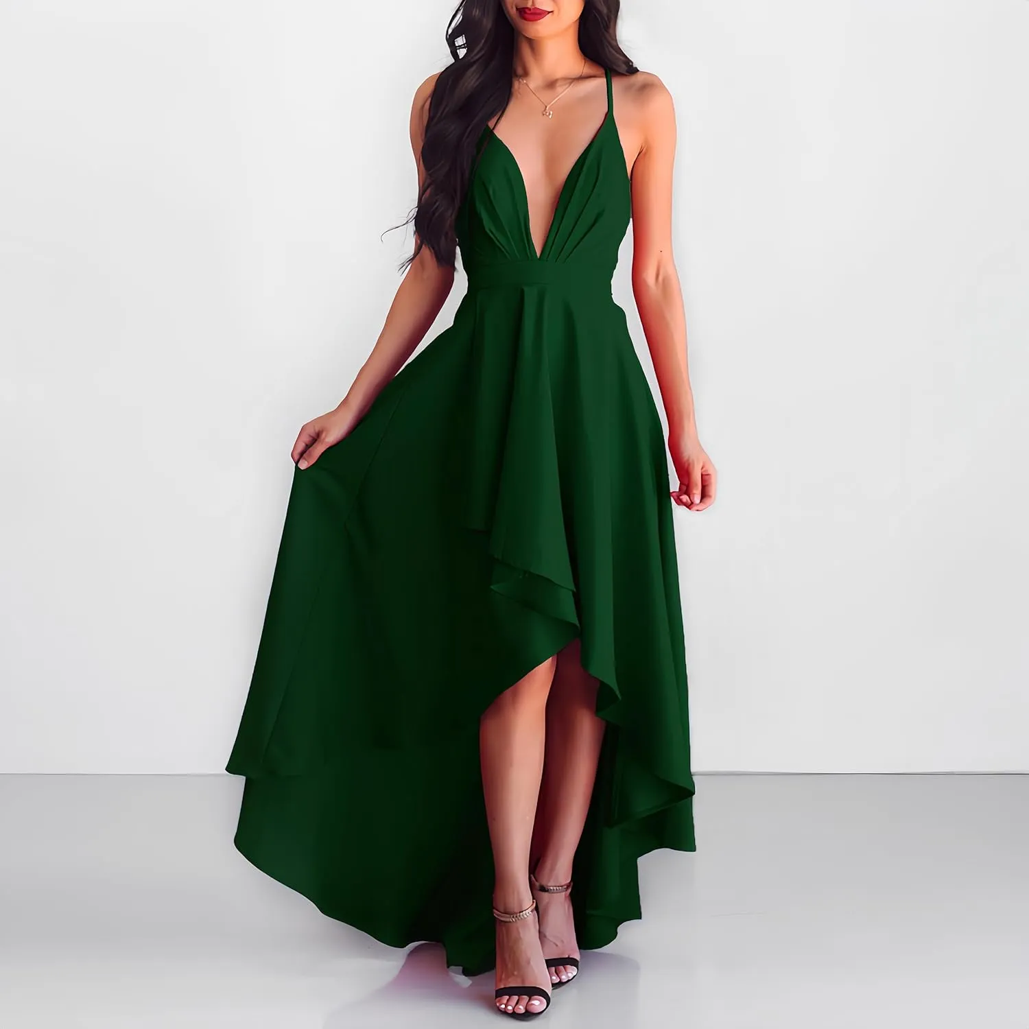 Womens Evening Gowns Deep V-Neck Party Dresses Sleeveless A-line High-Low Formal Cocktail Long Evening Dress