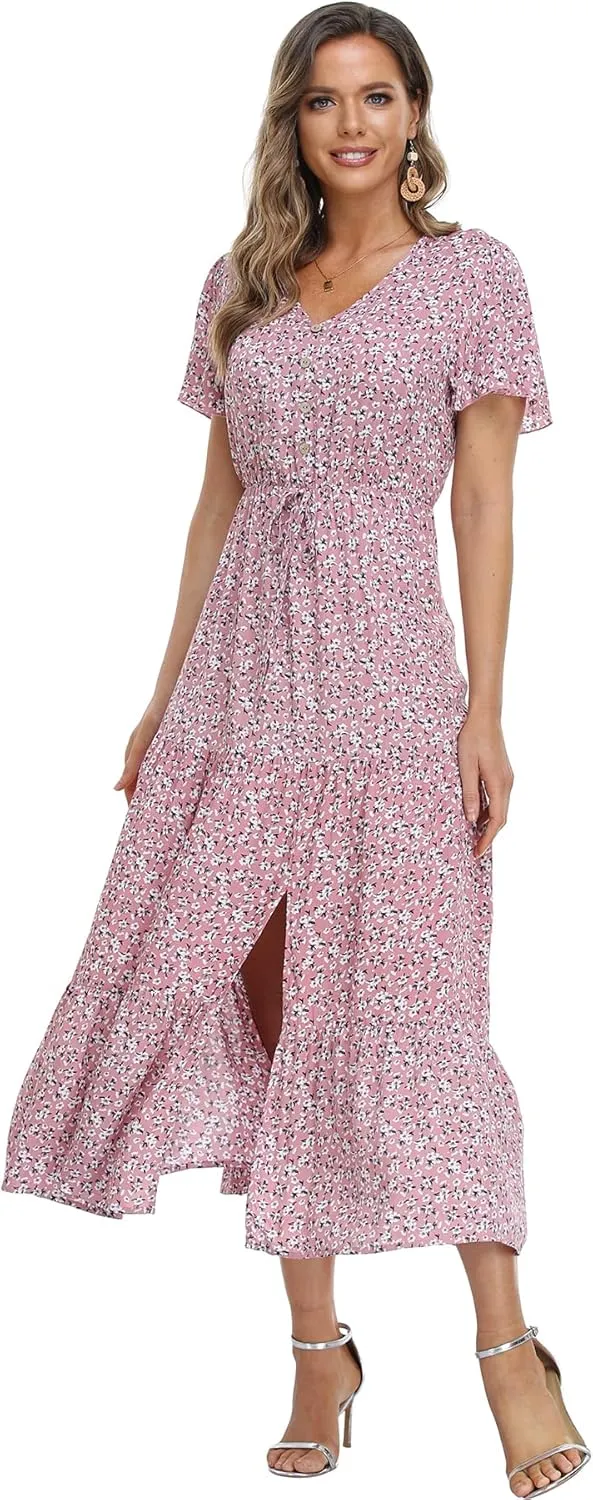 Women's Floral Maxi Dress Short Sleeve Midi Dress Summer Boho Dresses V-Neck Ruffle Swing Flowy Beach Party Dress with Slit
