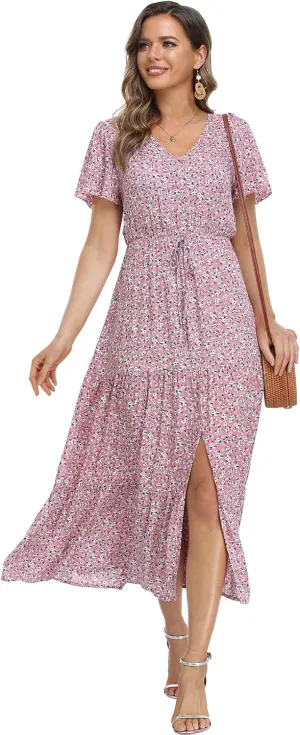 Women's Floral Maxi Dress Short Sleeve Midi Dress Summer Boho Dresses V-Neck Ruffle Swing Flowy Beach Party Dress with Slit