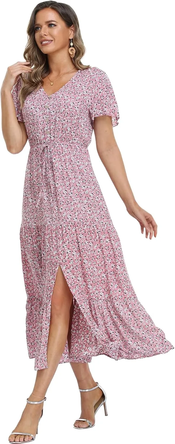 Women's Floral Maxi Dress Short Sleeve Midi Dress Summer Boho Dresses V-Neck Ruffle Swing Flowy Beach Party Dress with Slit