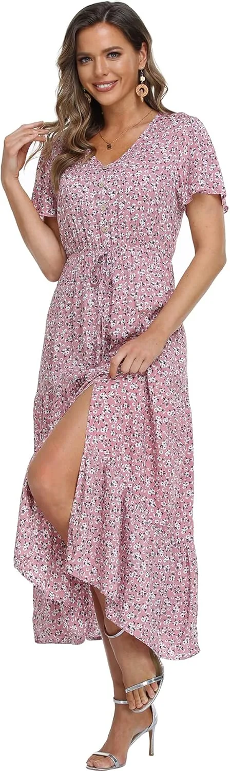 Women's Floral Maxi Dress Short Sleeve Midi Dress Summer Boho Dresses V-Neck Ruffle Swing Flowy Beach Party Dress with Slit