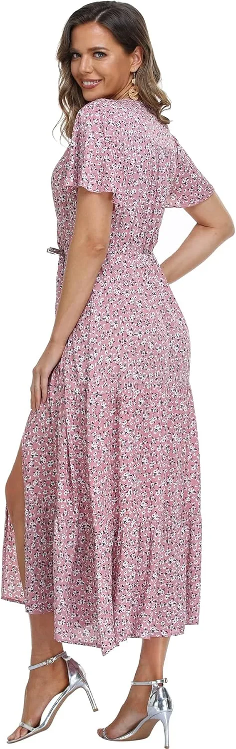 Women's Floral Maxi Dress Short Sleeve Midi Dress Summer Boho Dresses V-Neck Ruffle Swing Flowy Beach Party Dress with Slit
