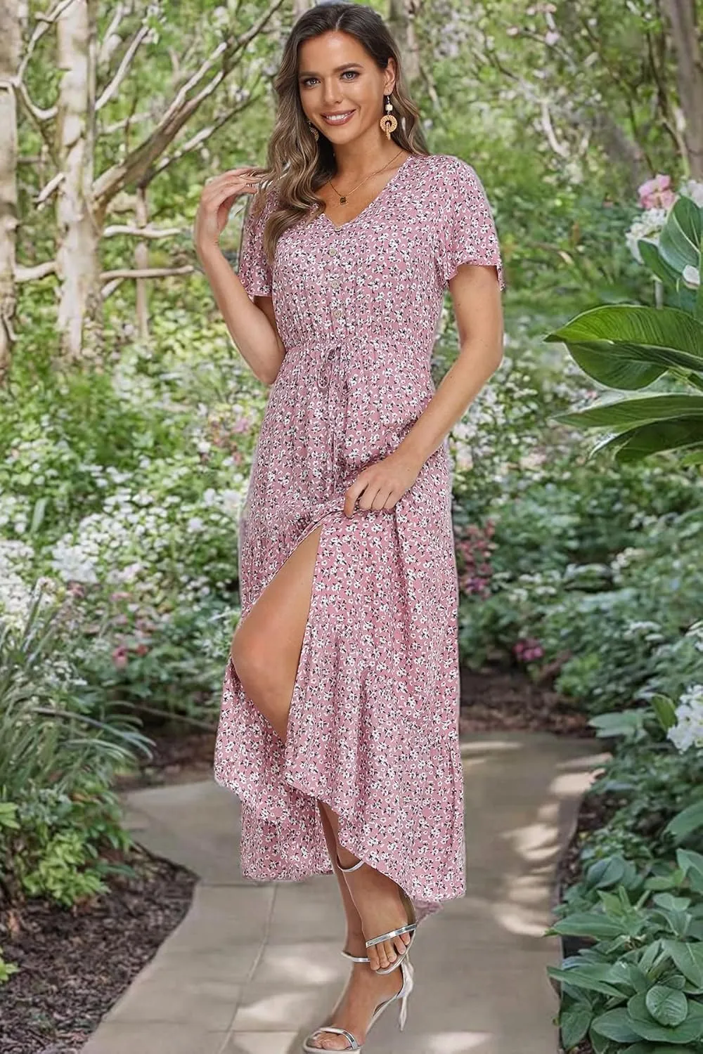 Women's Floral Maxi Dress Short Sleeve Midi Dress Summer Boho Dresses V-Neck Ruffle Swing Flowy Beach Party Dress with Slit
