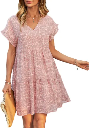 Women's Floral Printed V-Neck Babydoll Mini Dresses Short Ruffle Sleeve A-Line Dress