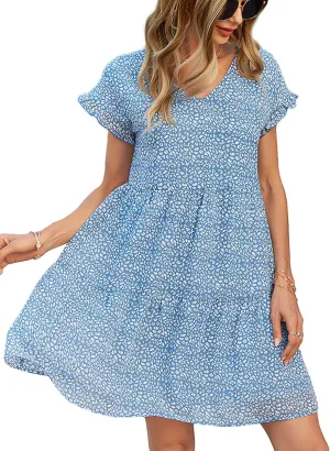 Women's Floral Printed V-Neck Babydoll Mini Dresses Short Ruffle Sleeve A-Line Dress