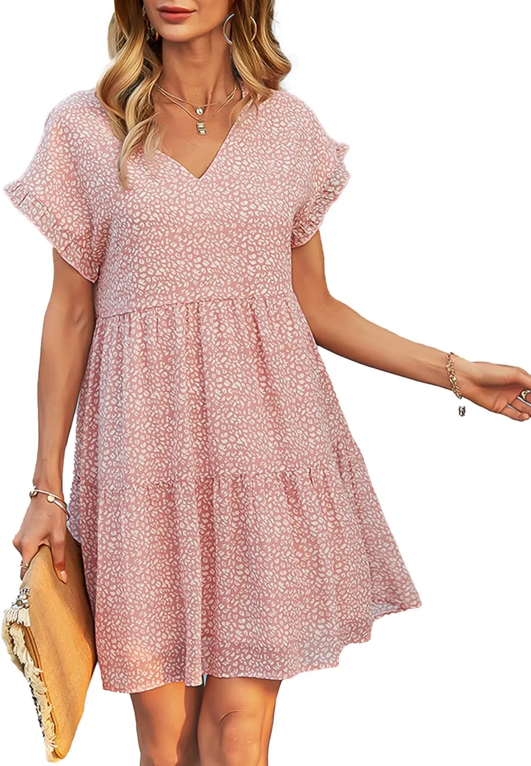 Women's Floral Printed V-Neck Babydoll Mini Dresses Short Ruffle Sleeve A-Line Dress