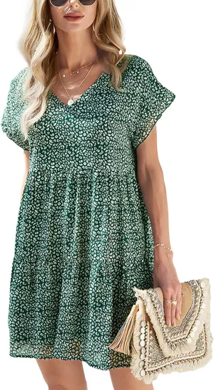 Women's Floral Printed V-Neck Babydoll Mini Dresses Short Ruffle Sleeve A-Line Dress