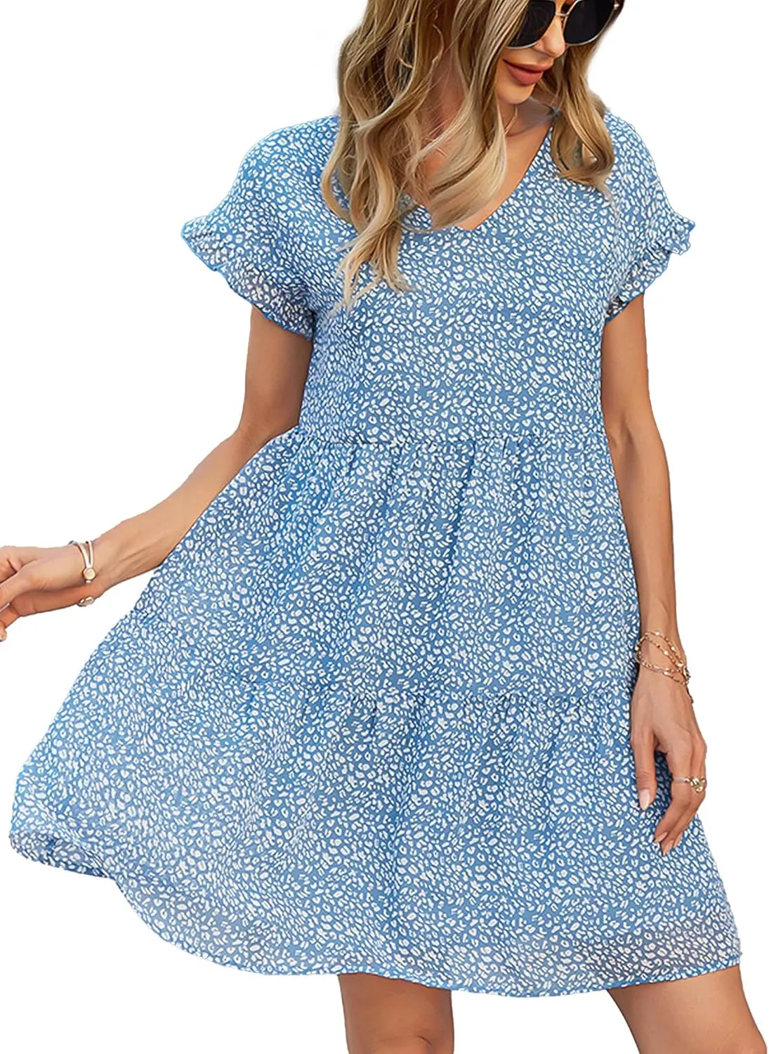 Women's Floral Printed V-Neck Babydoll Mini Dresses Short Ruffle Sleeve A-Line Dress