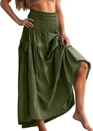 Womens Flowy Pleated Skirts High Elastic Waist A Line Boho Casual Midi Long Skirt Summer Casual Beach Cute Skirt