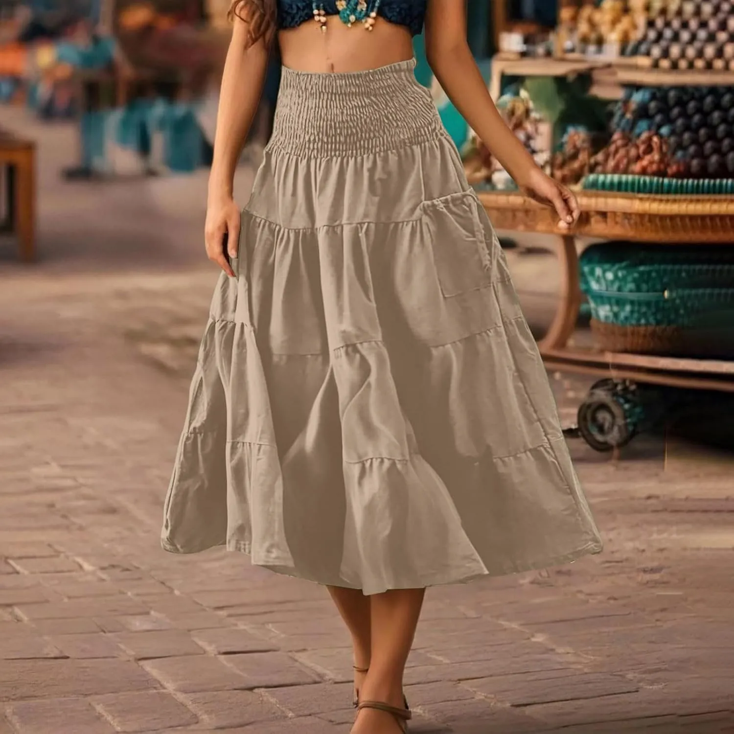 Womens Flowy Pleated Skirts High Elastic Waist A Line Boho Casual Midi Long Skirt Summer Casual Beach Cute Skirt