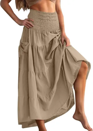 Womens Flowy Pleated Skirts High Elastic Waist A Line Boho Casual Midi Long Skirt Summer Casual Beach Cute Skirt
