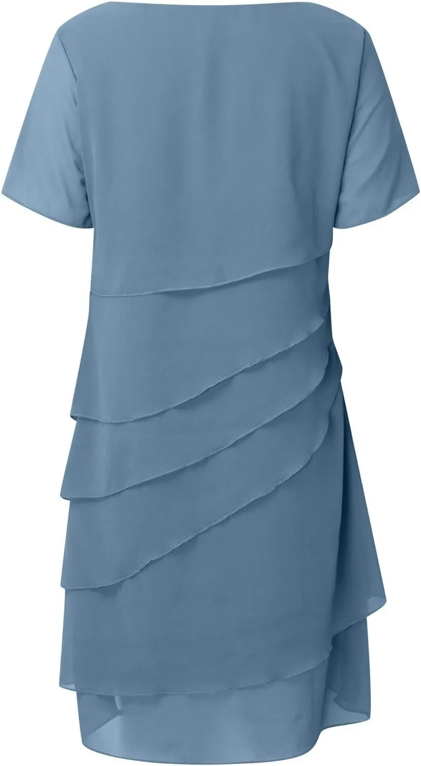 Womens Flowy Tiered Chiffon Dress Summer Elegant Short Sleeve Layered Midi Wedding Guest Cocktail Dresses