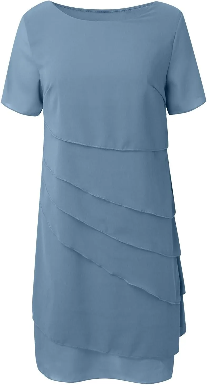 Womens Flowy Tiered Chiffon Dress Summer Elegant Short Sleeve Layered Midi Wedding Guest Cocktail Dresses