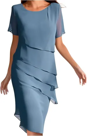 Womens Flowy Tiered Chiffon Dress Summer Elegant Short Sleeve Layered Midi Wedding Guest Cocktail Dresses