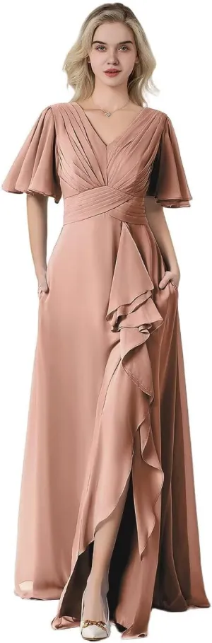 Women's Flutter Sleeve Chiffon Bridesmaid Dresses for Wedding Long V-Neck Formal Evening Dress with Slit