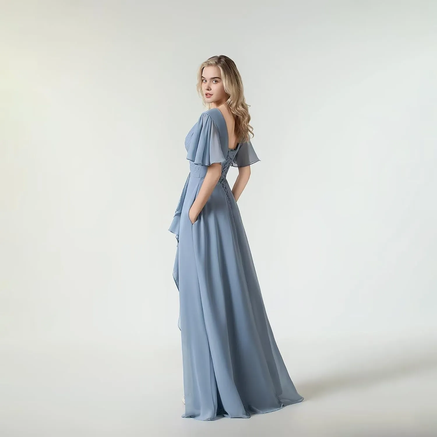 Women's Flutter Sleeve Chiffon Bridesmaid Dresses for Wedding Long V-Neck Formal Evening Dress with Slit