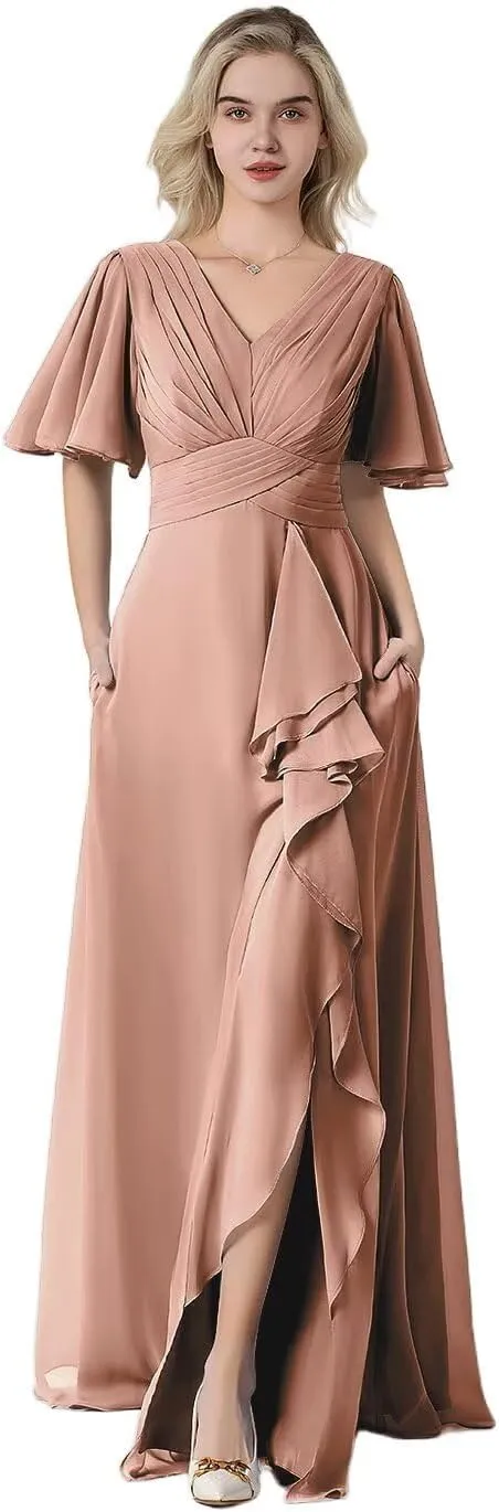 Women's Flutter Sleeve Chiffon Bridesmaid Dresses for Wedding Long V-Neck Formal Evening Dress with Slit