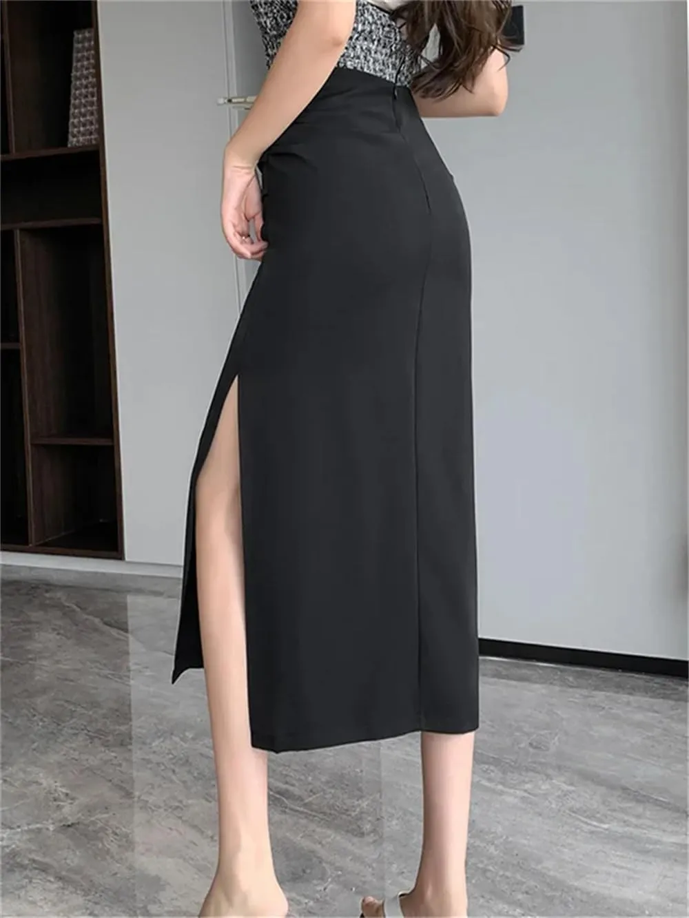 Women's High Waist Side Split Office Wrap Skirts Summer Solid Pleated Straight Midi Skirts